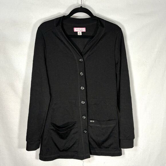 Koi Claire By Kathy Peterson Cardigan Scrub Knit Black Jacquard - Picture 1 of 7